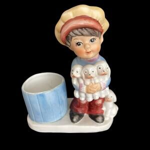 Porcelain Boy Holding Puppies Figurine Votive Candle Holder Toothpick Candy